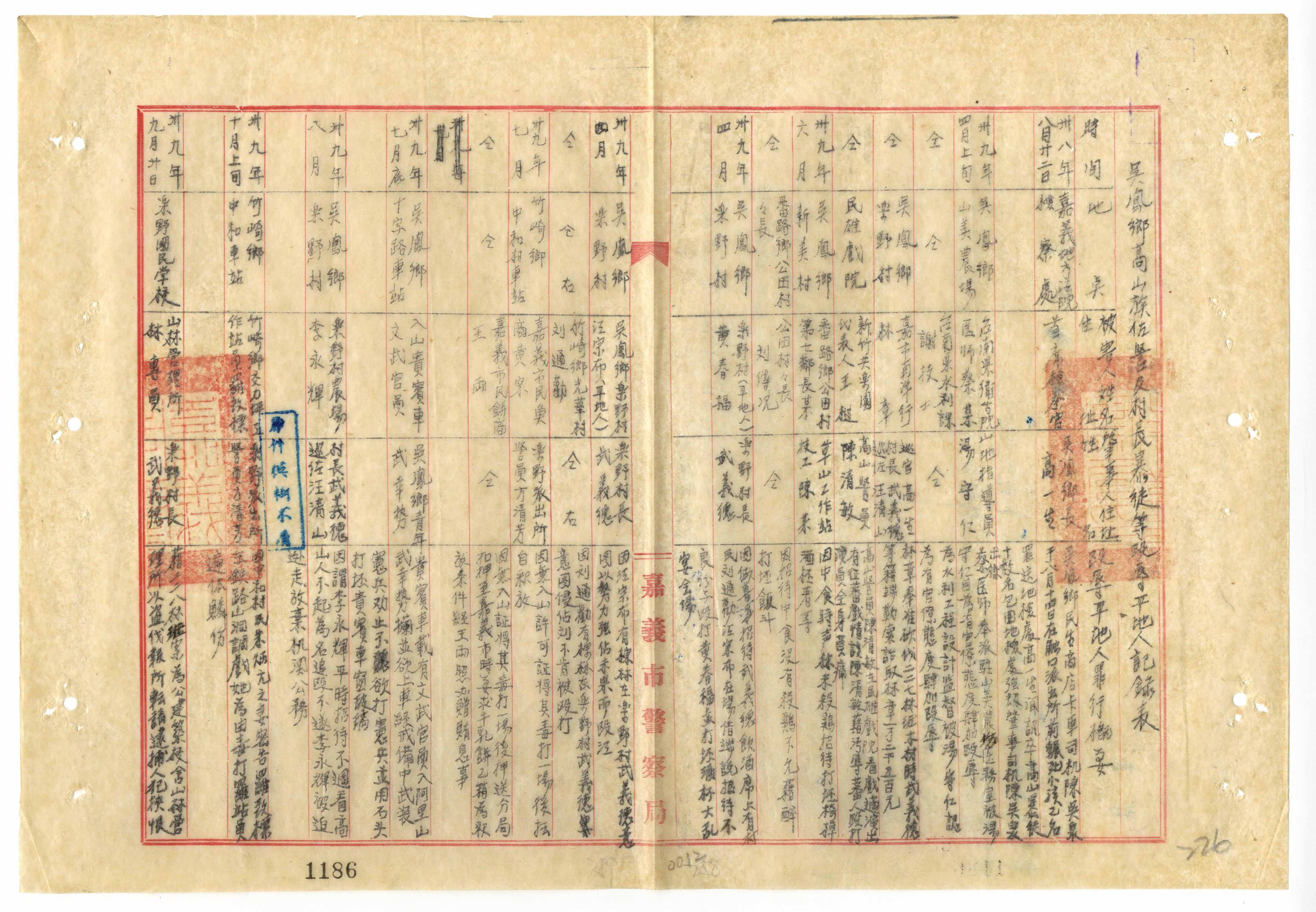 嘉義縣警察局1950年11月14日陳報保安司令部